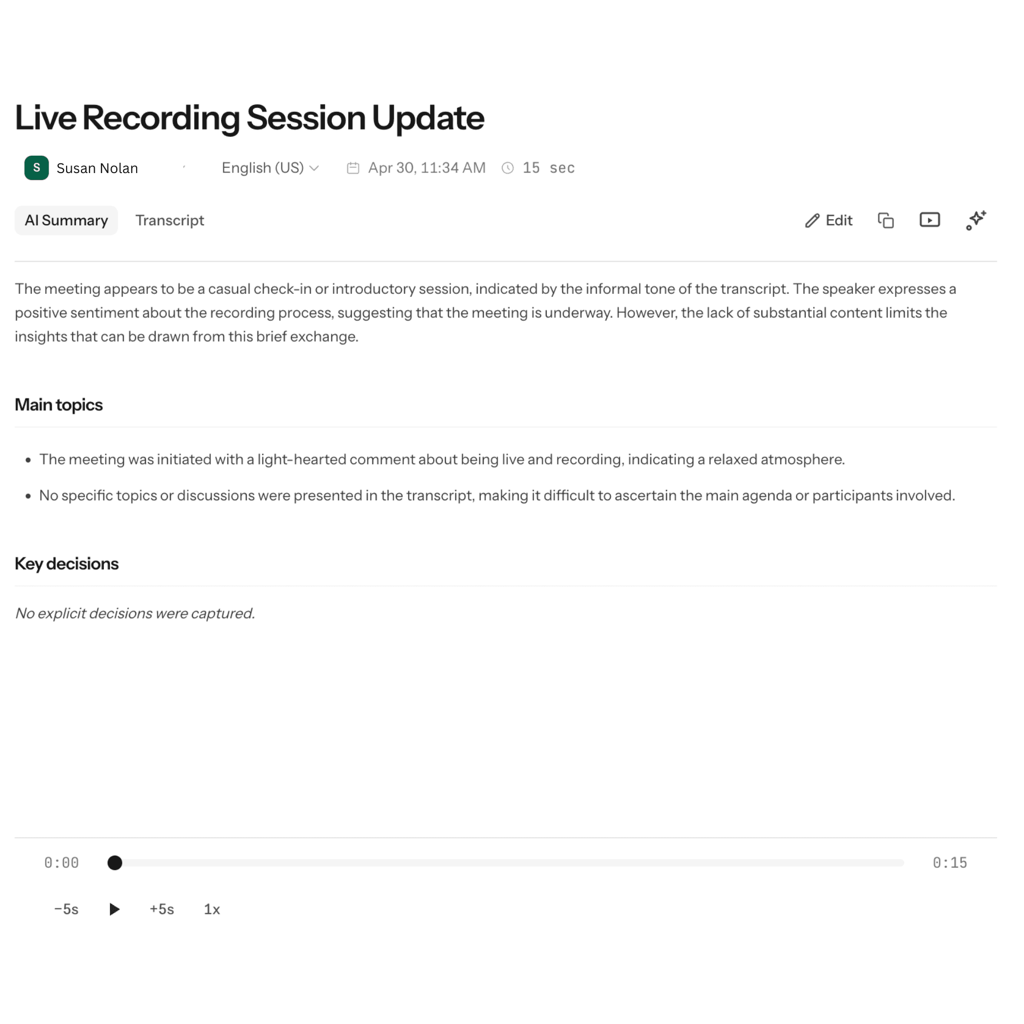 Paper recording and transcript view in the product